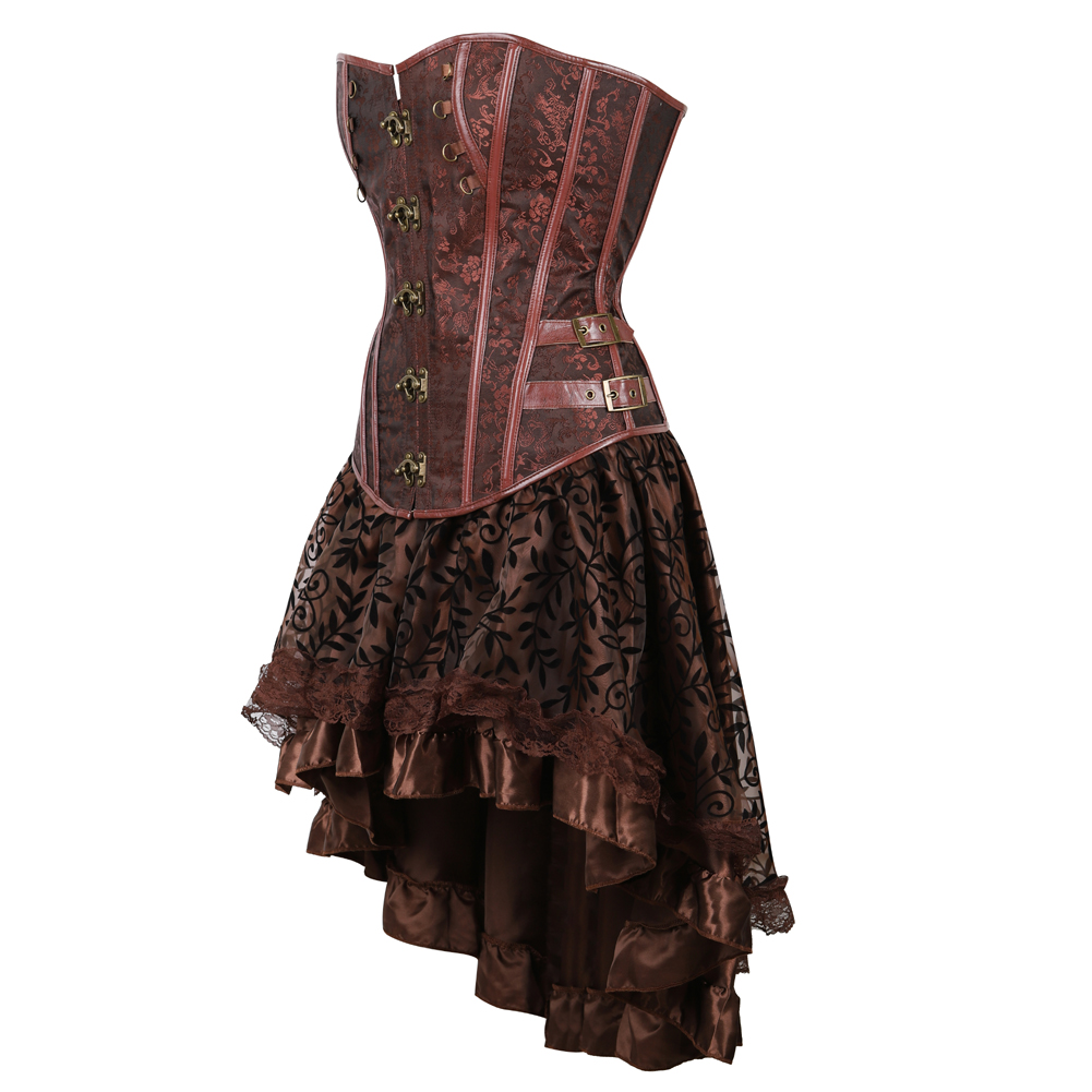 Brown-Grebrafan Steampunk Faux Leather Corsets with Fluffy Pleated Layered Tutu Skirt