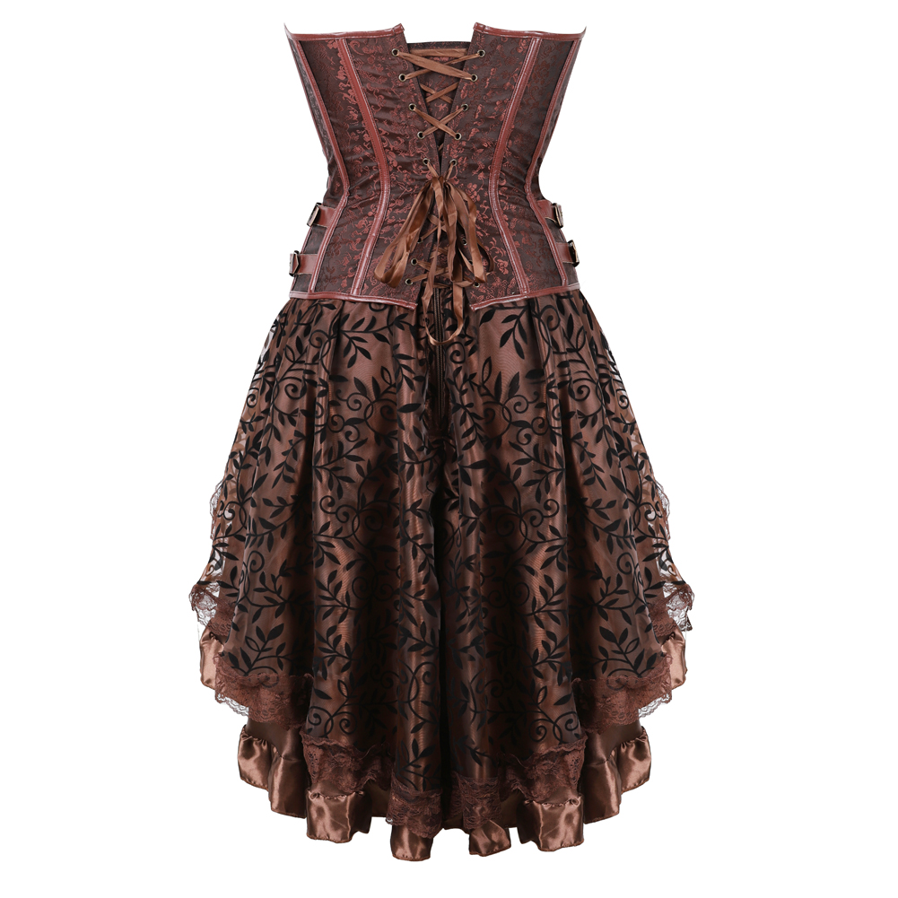 Brown-Grebrafan Steampunk Faux Leather Corsets with Fluffy Pleated Layered Tutu Skirt