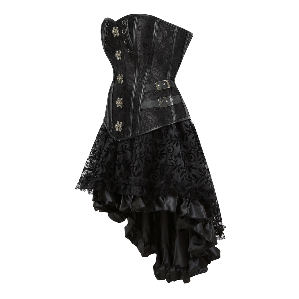 Black-Grebrafan Steampunk Faux Leather Corsets with Fluffy Pleated Layered Tutu Skirt