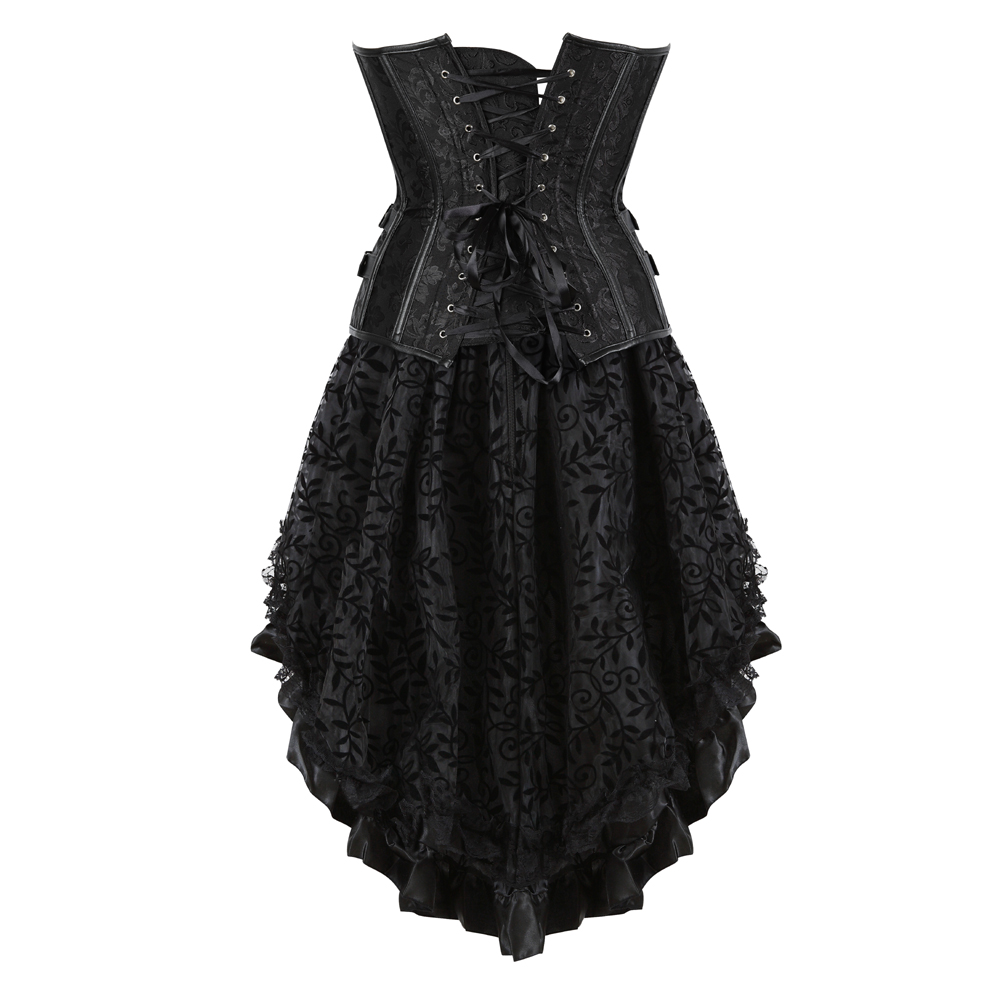 Black-Grebrafan Steampunk Faux Leather Corsets with Fluffy Pleated Layered Tutu Skirt