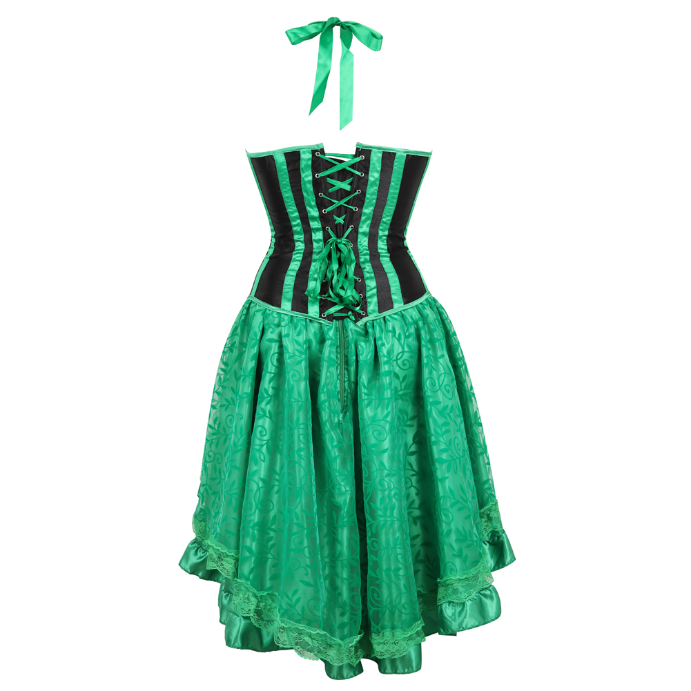 Green-Grebrafan Cupless Shaper Corset Halter Striped Underbust with Fluffy Pleated Layered Tutu Skirt