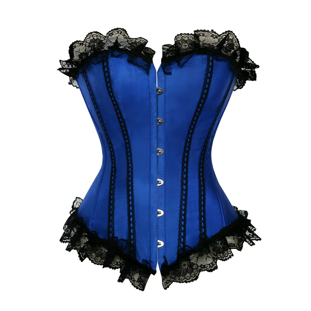 Blue-Corsets Classic Gothic Satin Lace Trim Boned Bustiers Clubwear Bridal Vintage Carnival Costume for Women Party Club Night