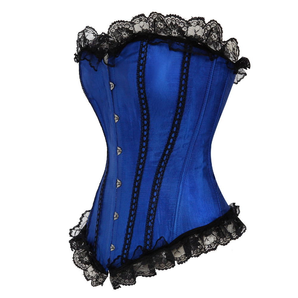 Blue-Corsets Classic Gothic Satin Lace Trim Boned Bustiers Clubwear Bridal Vintage Carnival Costume for Women Party Club Night