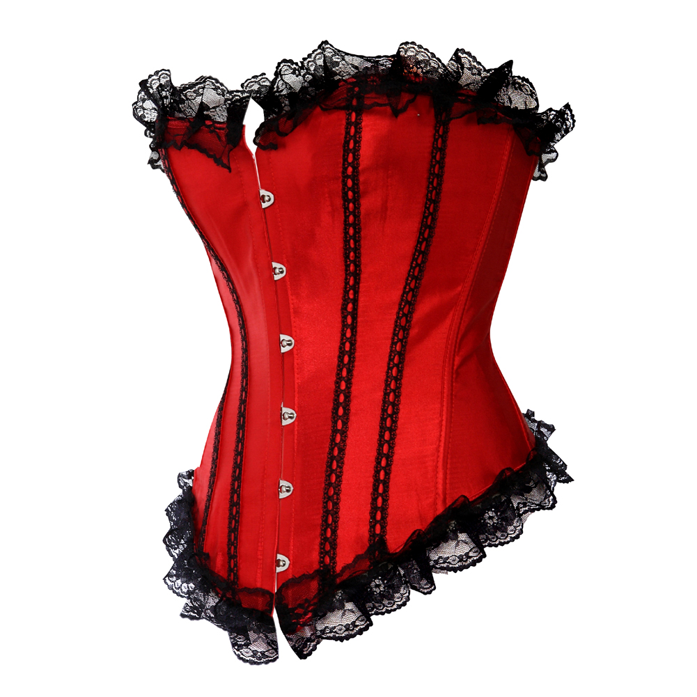 Red-Corsets Classic Gothic Satin Lace Trim Boned Bustiers Clubwear Bridal Vintage Carnival Costume for Women Party Club Night