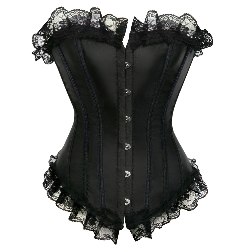 Black-Corsets Classic Gothic Satin Lace Trim Boned Bustiers Clubwear Bridal Vintage Carnival Costume for Women Party Club Night