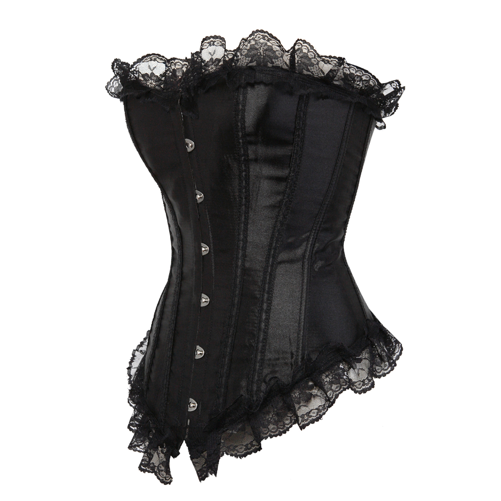 Black-Corsets Classic Gothic Satin Lace Trim Boned Bustiers Clubwear Bridal Vintage Carnival Costume for Women Party Club Night