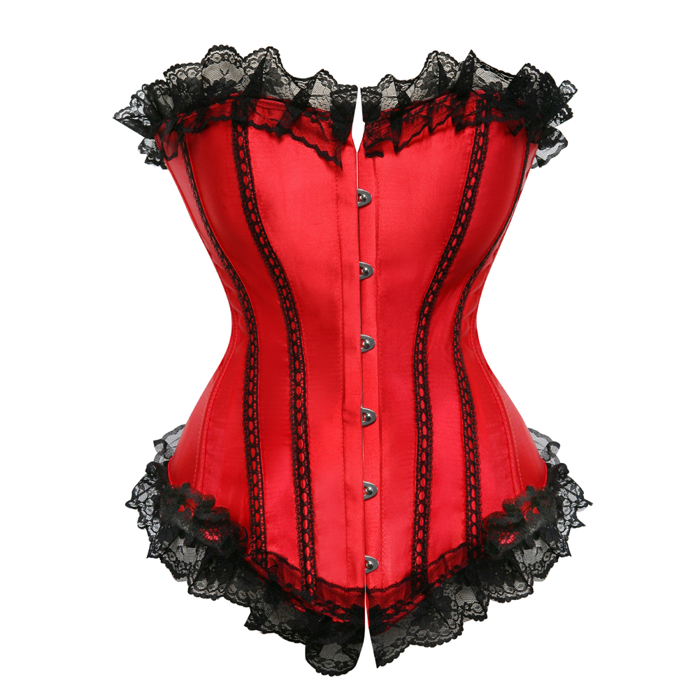 Red-Corsets Classic Gothic Satin Lace Trim Boned Bustiers Clubwear Bridal Vintage Carnival Costume for Women Party Club Night