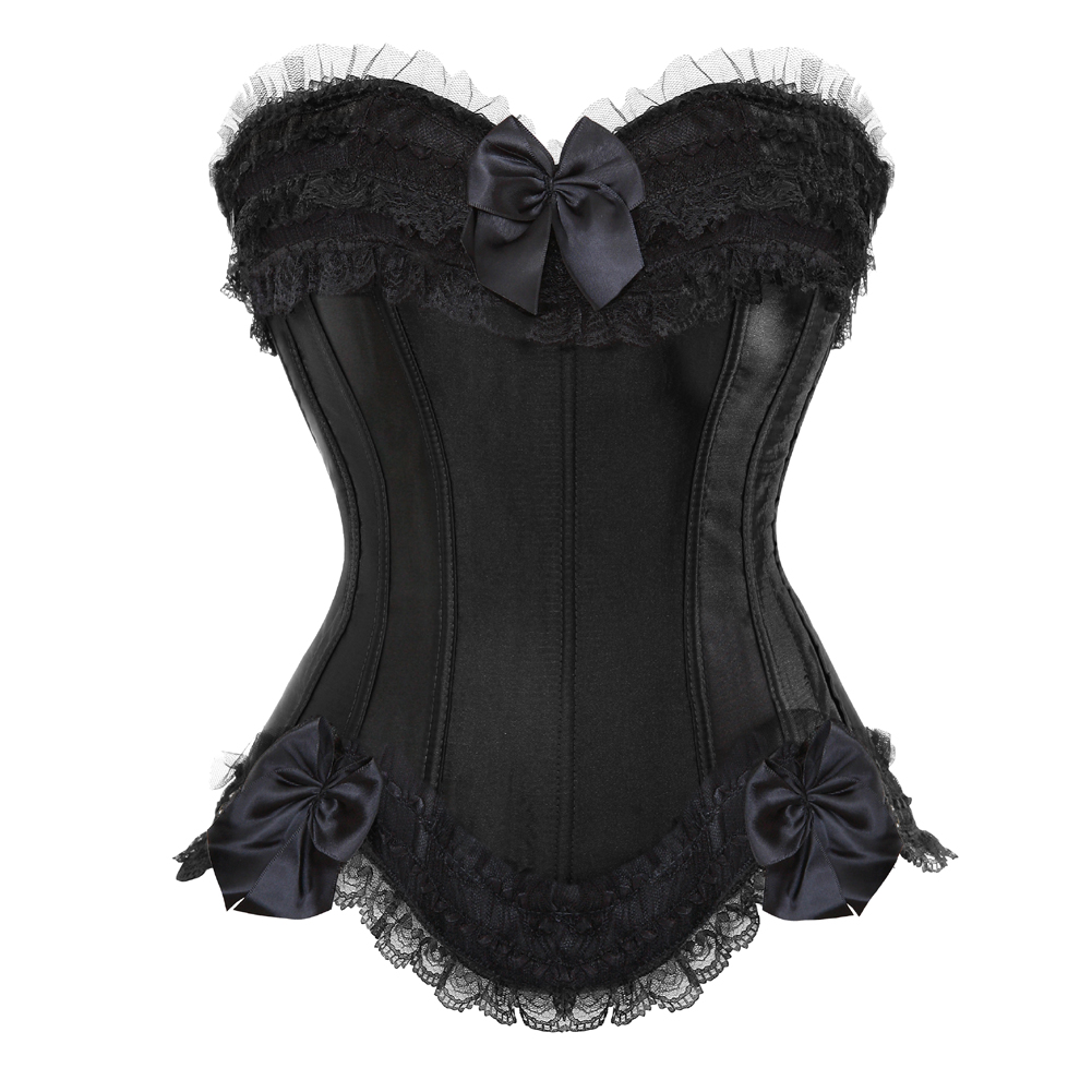 Black-Corset for Women Casual Bustier to Wear Out Satin Plus Size Zip Side Corselet Sexy Lace up Boned Clubwear Holiday Party Femme