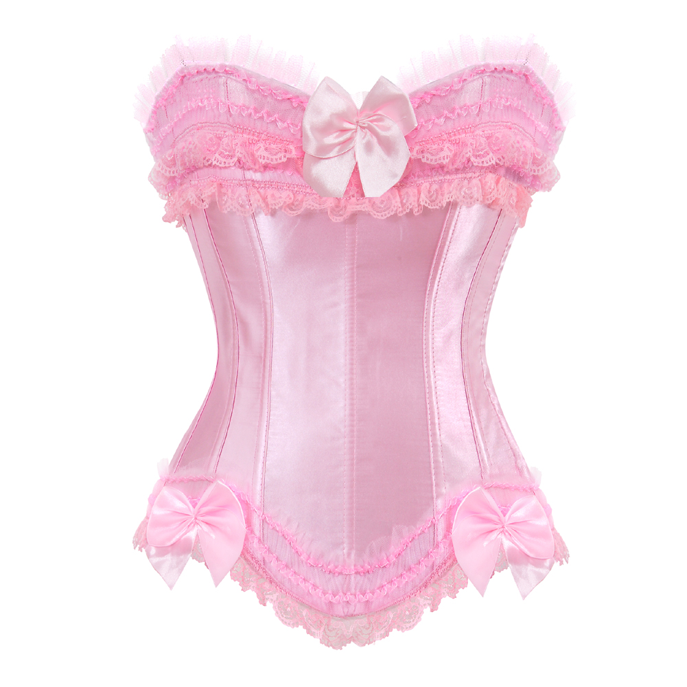 Pink-Corset for Women Casual Bustier to Wear Out Satin Plus Size Zip Side Corselet Sexy Lace up Boned Clubwear Holiday Party Femme