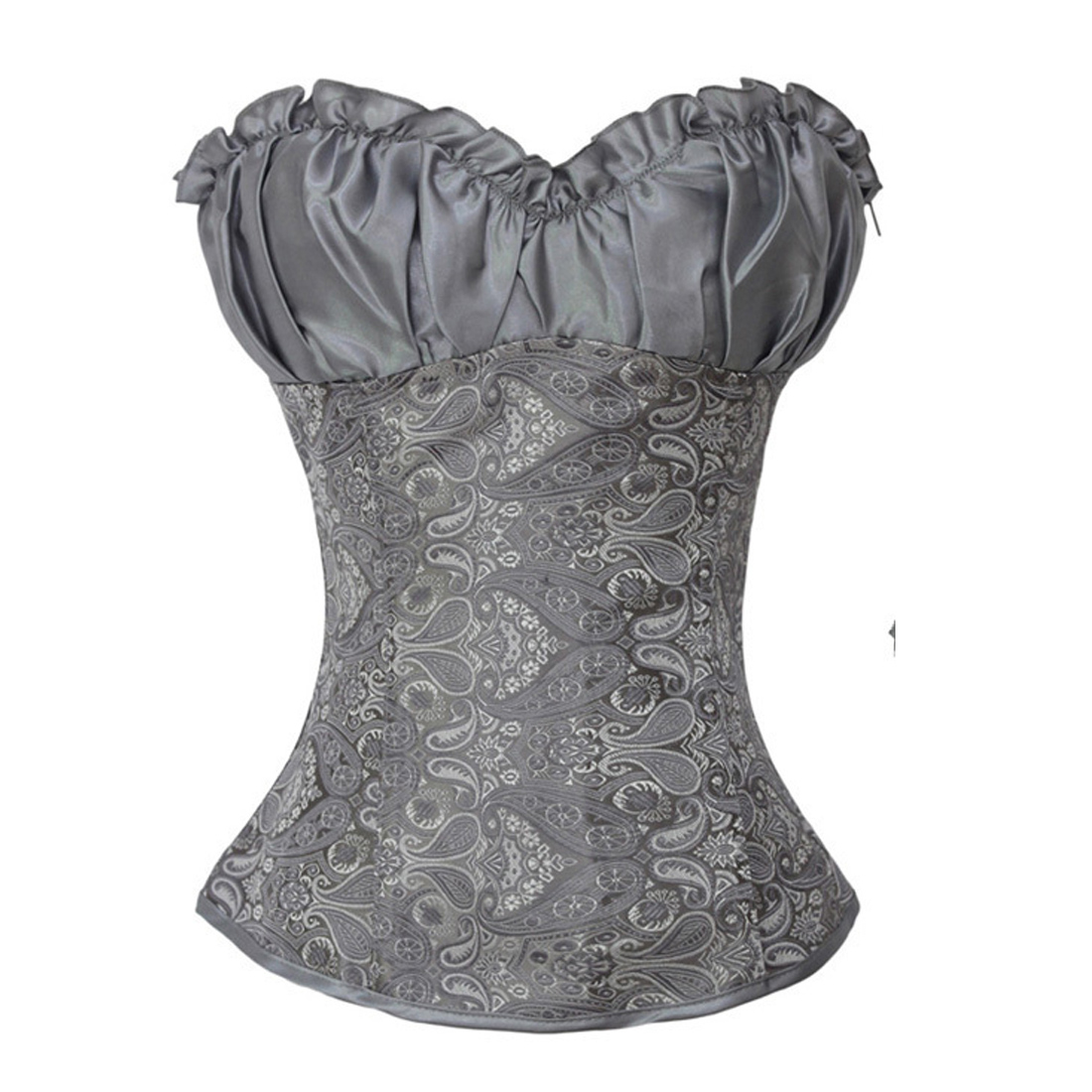 Silver-Corset and Bustier for Women Burlesque Wedding Renaissance Satin Padded Corsetto Plus Size Zip Medieval Carnival Party Clubwear