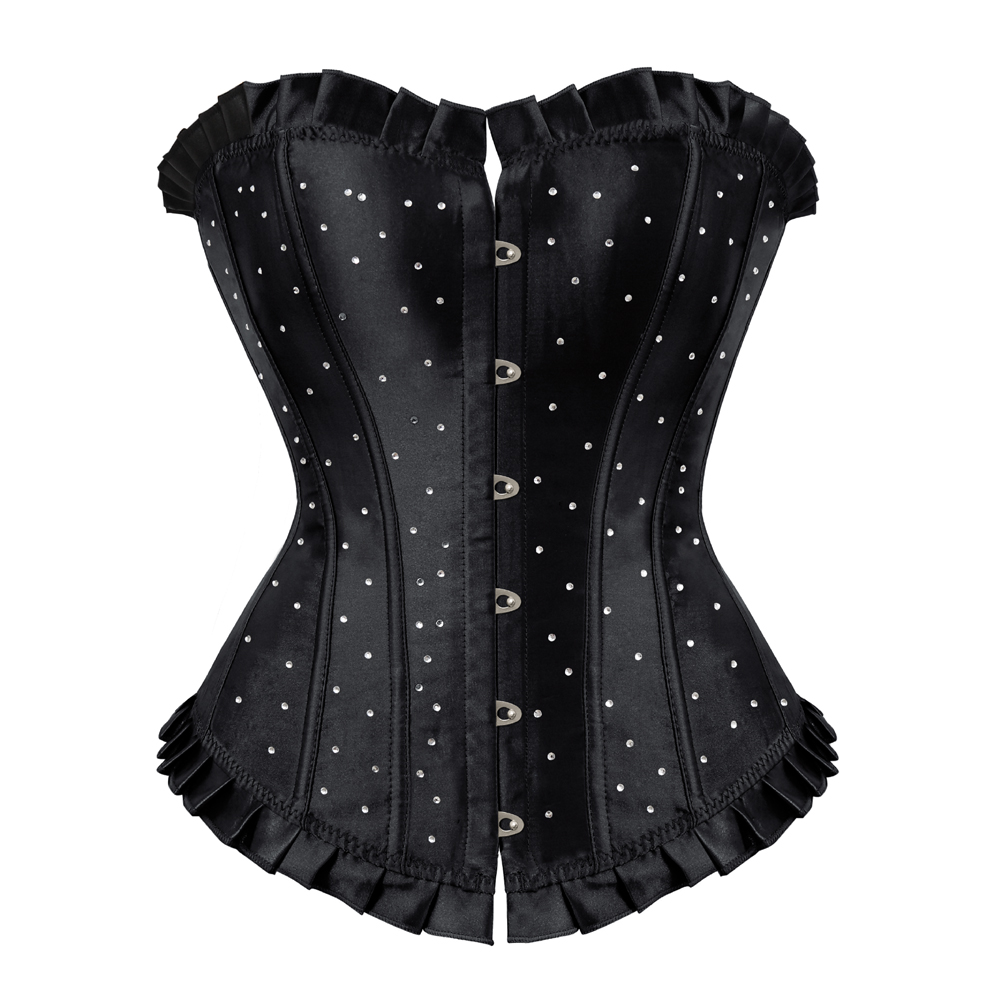Black-Bustier Corset with Rhinestones Plus Size Boned Women Female Gorset Top Lacing Festival Rave Party Clubwear Gothic