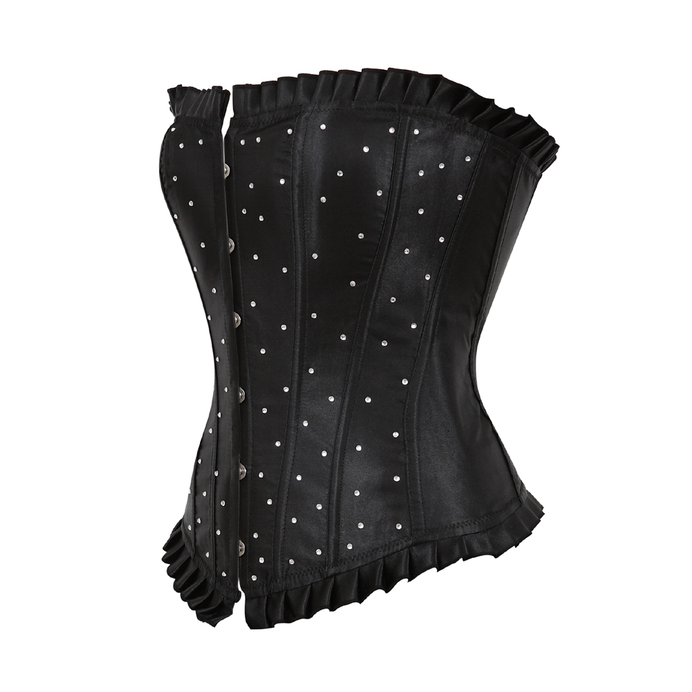 Black-Bustier Corset with Rhinestones Plus Size Boned Women Female Gorset Top Lacing Festival Rave Party Clubwear Gothic