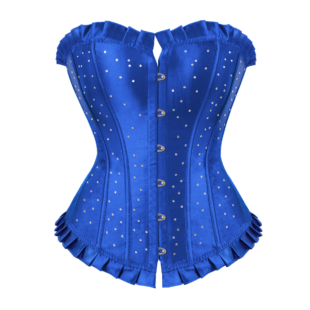 Blue-Bustier Corset with Rhinestones Plus Size Boned Women Female Gorset Top Lacing Festival Rave Party Clubwear Gothic