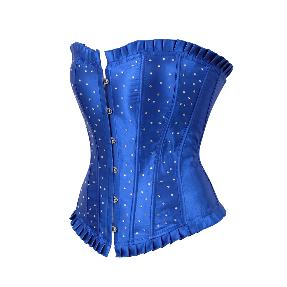 Blue-Bustier Corset with Rhinestones Plus Size Boned Women Female Gorset Top Lacing Festival Rave Party Clubwear Gothic