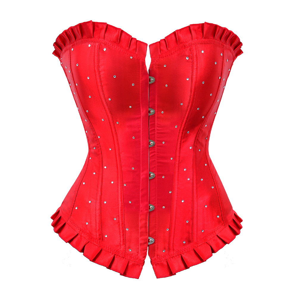 Red-Bustier Corset with Rhinestones Plus Size Boned Women Female Gorset Top Lacing Festival Rave Party Clubwear Gothic