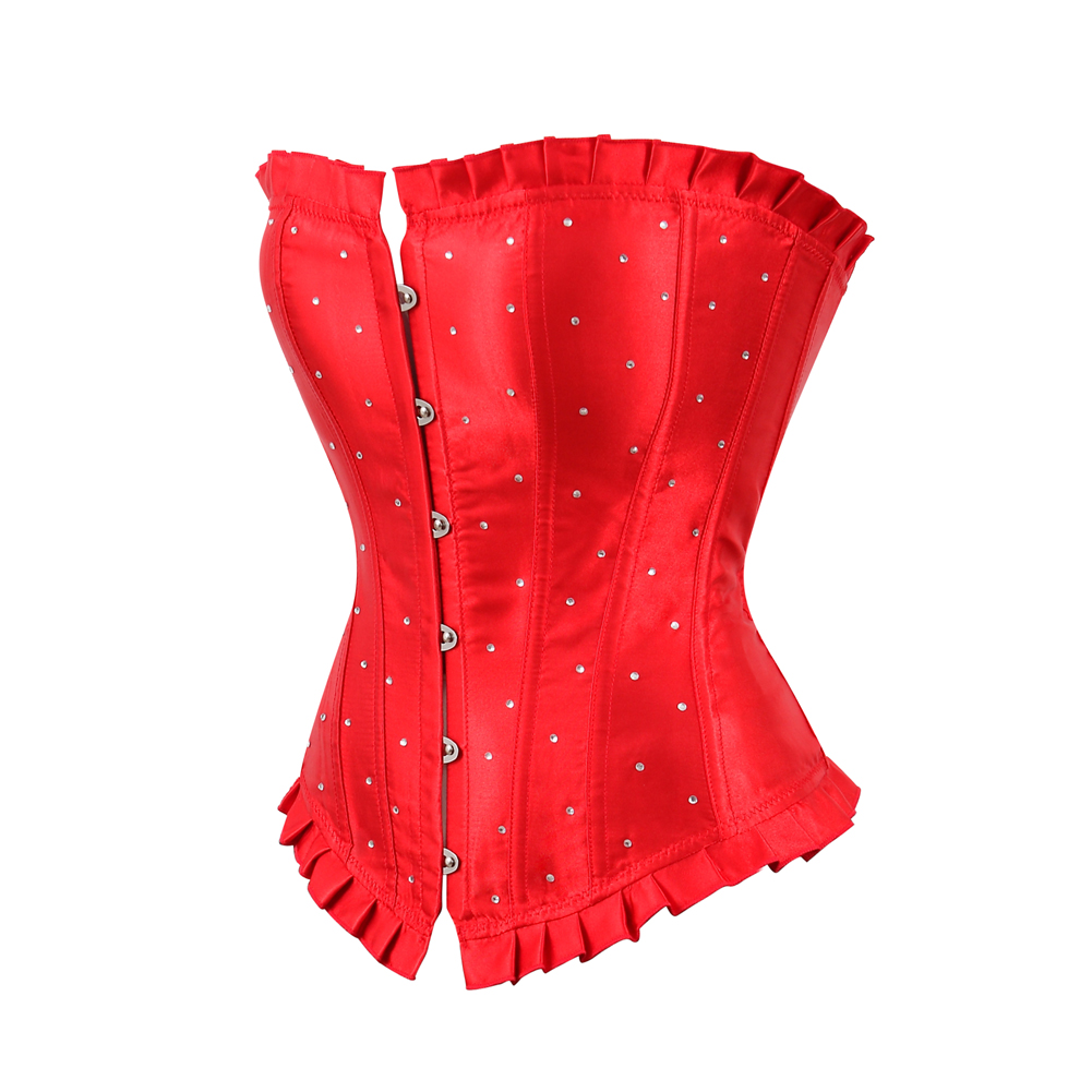 Red-Bustier Corset with Rhinestones Plus Size Boned Women Female Gorset Top Lacing Festival Rave Party Clubwear Gothic
