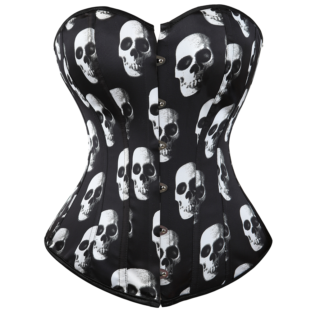 Skull-Womens Corset Bustier Satin Sexy Plus Size Gothic Lace Up Boned Gorset Top Shapewear Classic Clubwear Party Club Night Corselet