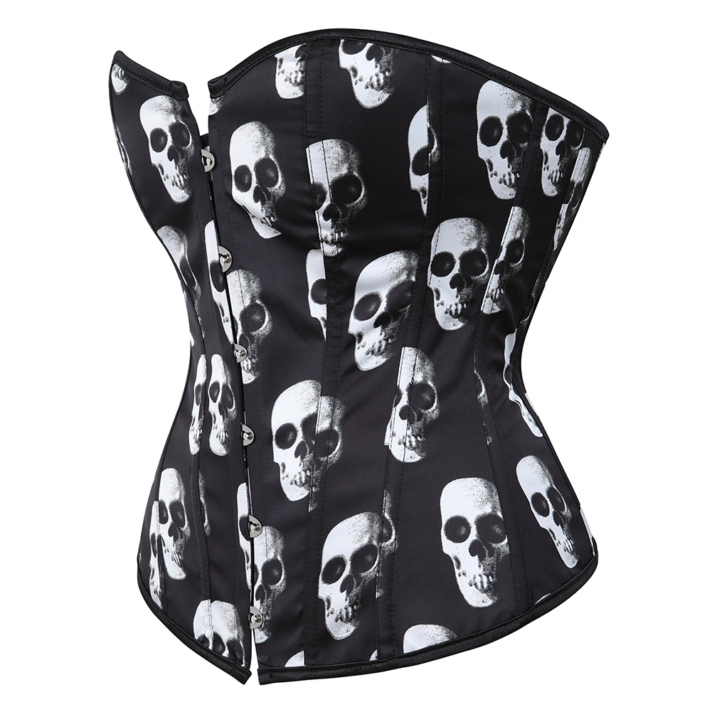 Skull-Womens Corset Bustier Satin Sexy Plus Size Gothic Lace Up Boned Gorset Top Shapewear Classic Clubwear Party Club Night Corselet