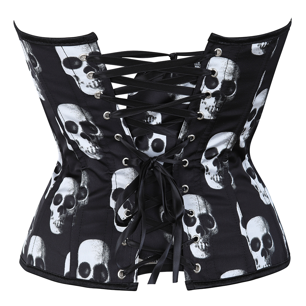 Skull-Womens Corset Bustier Satin Sexy Plus Size Gothic Lace Up Boned Gorset Top Shapewear Classic Clubwear Party Club Night Corselet