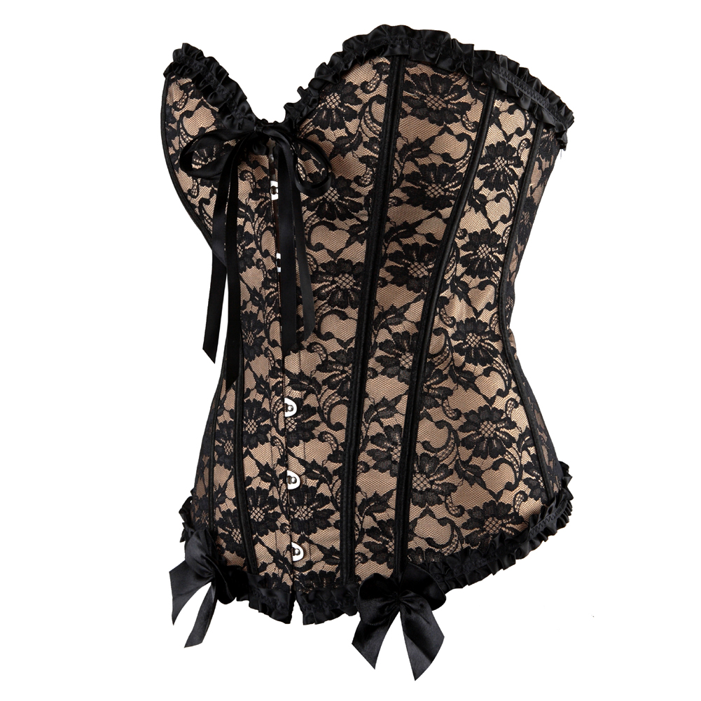 Beige-Corset Woman Vintage Floral Lace Overlay Strapless Bustier Tight Boned Elegant Corselet Dance Clubwear Carnival Party Cosplay