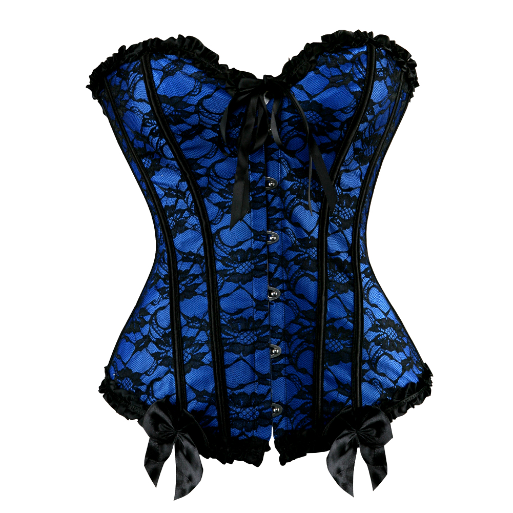 Blue-Corset Woman Vintage Floral Lace Overlay Strapless Bustier Tight Boned Elegant Corselet Dance Clubwear Carnival Party Cosplay