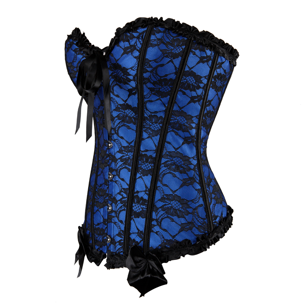 Blue-Corset Woman Vintage Floral Lace Overlay Strapless Bustier Tight Boned Elegant Corselet Dance Clubwear Carnival Party Cosplay