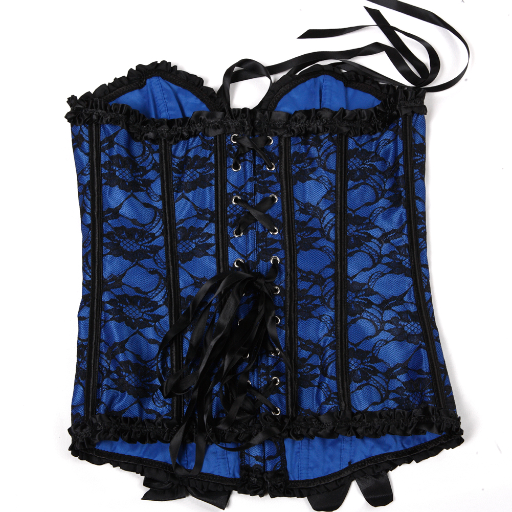 Blue-Corset Woman Vintage Floral Lace Overlay Strapless Bustier Tight Boned Elegant Corselet Dance Clubwear Carnival Party Cosplay