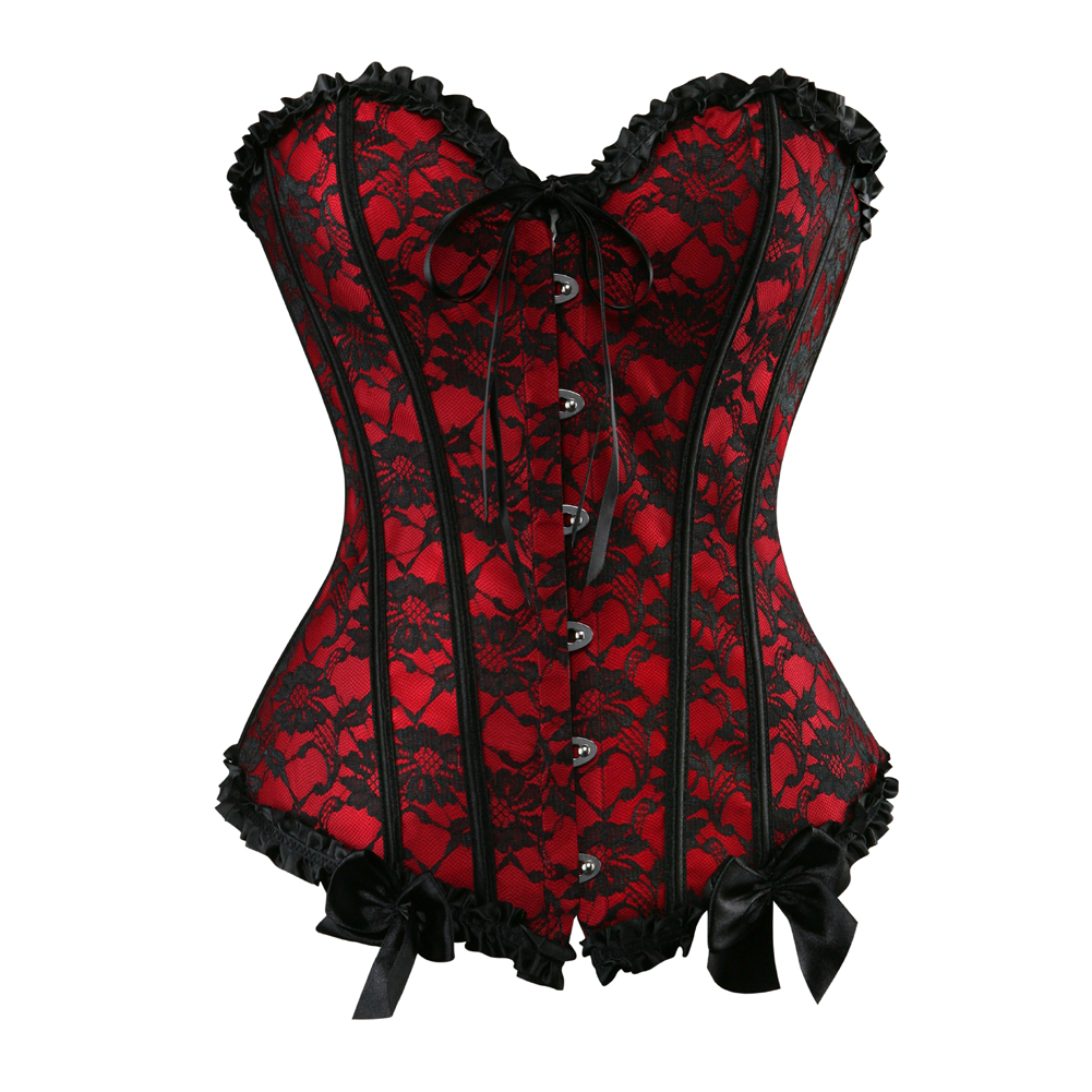 Red-Corset Woman Vintage Floral Lace Overlay Strapless Bustier Tight Boned Elegant Corselet Dance Clubwear Carnival Party Cosplay