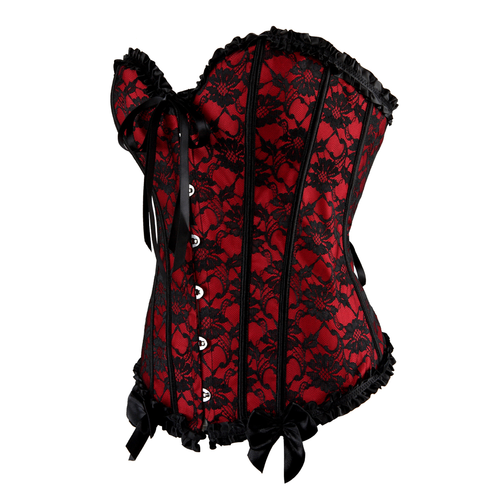 Red-Corset Woman Vintage Floral Lace Overlay Strapless Bustier Tight Boned Elegant Corselet Dance Clubwear Carnival Party Cosplay