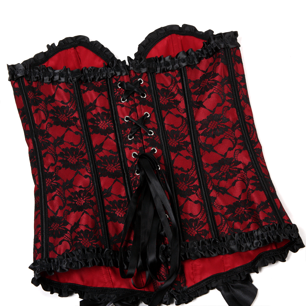 Red-Corset Woman Vintage Floral Lace Overlay Strapless Bustier Tight Boned Elegant Corselet Dance Clubwear Carnival Party Cosplay