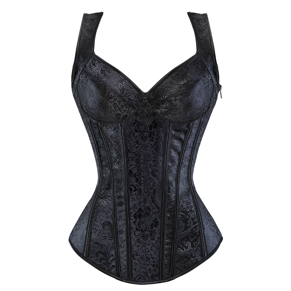 Black-Corsets Bustiers Steampunk Straps Jacquard Weave Halter Corsetto Floral Boned Push Up Shapewear Zip Evening Party Festival Rave