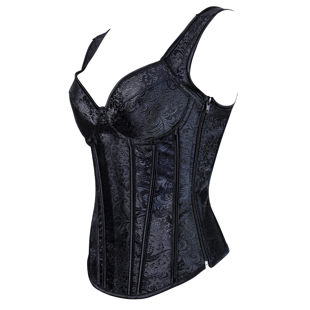 Black-Corsets Bustiers Steampunk Straps Jacquard Weave Halter Corsetto Floral Boned Push Up Shapewear Zip Evening Party Festival Rave