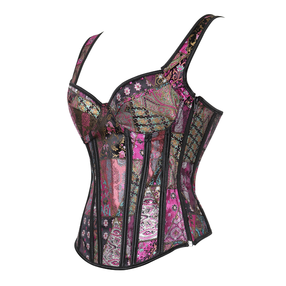 Purple-Corsets Bustiers Steampunk Straps Jacquard Weave Halter Corsetto Floral Boned Push Up Shapewear Zip Evening Party Festival Rave