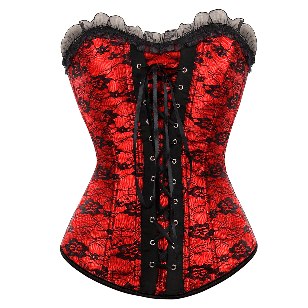 Red-Corsets and Bustiers for Women Gothic Breathable Zip Corselete Sexy Front Lacing Boned Wedding Party Clubwear Just Married