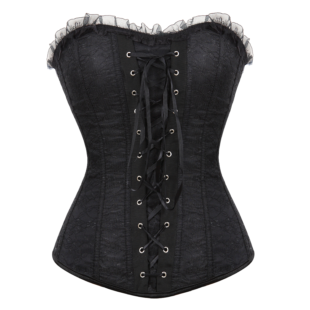 Black-Corsets and Bustiers for Women Gothic Breathable Zip Corselete Sexy Front Lacing Boned Wedding Party Clubwear Just Married