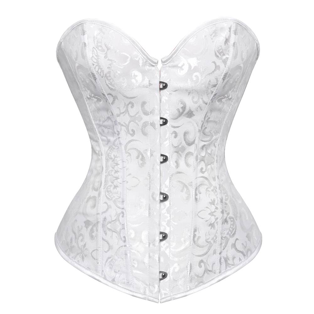 White-Corset Bustier Boning Steel Medieval Women Lace up Embroidery Corselet Pirate Clubwear Brocade Full Body Femme Sexy Steampunk