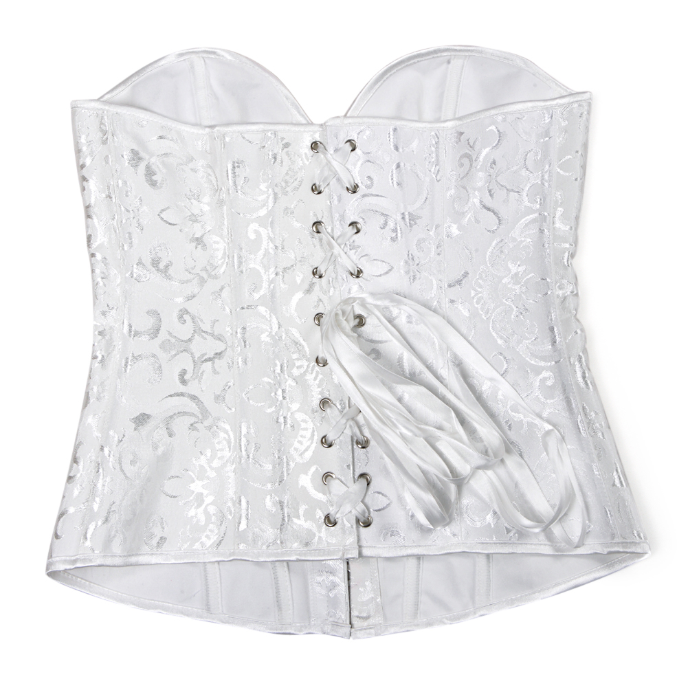 White-Corset Bustier Boning Steel Medieval Women Lace up Embroidery Corselet Pirate Clubwear Brocade Full Body Femme Sexy Steampunk