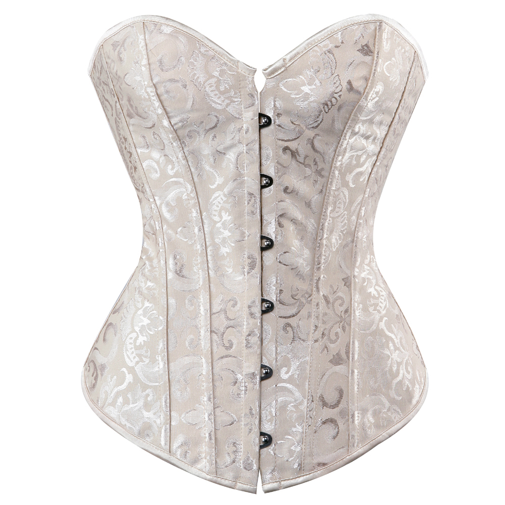 Beige-Corset Bustier Boning Steel Medieval Women Lace up Embroidery Corselet Pirate Clubwear Brocade Full Body Femme Sexy Steampunk