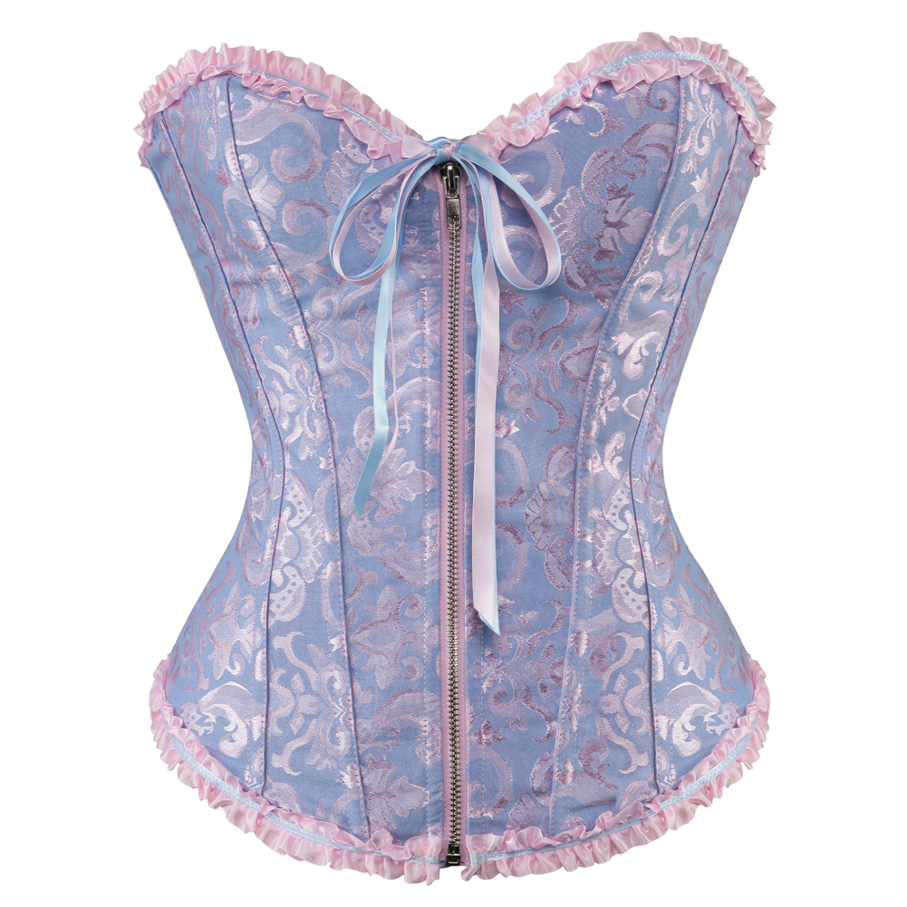 Blue-Corsets Burlesque Masquerade Overbust Classic Corsetto Top for Women Plus Size Zip Boned Bustier Halloween Evening Party Costume