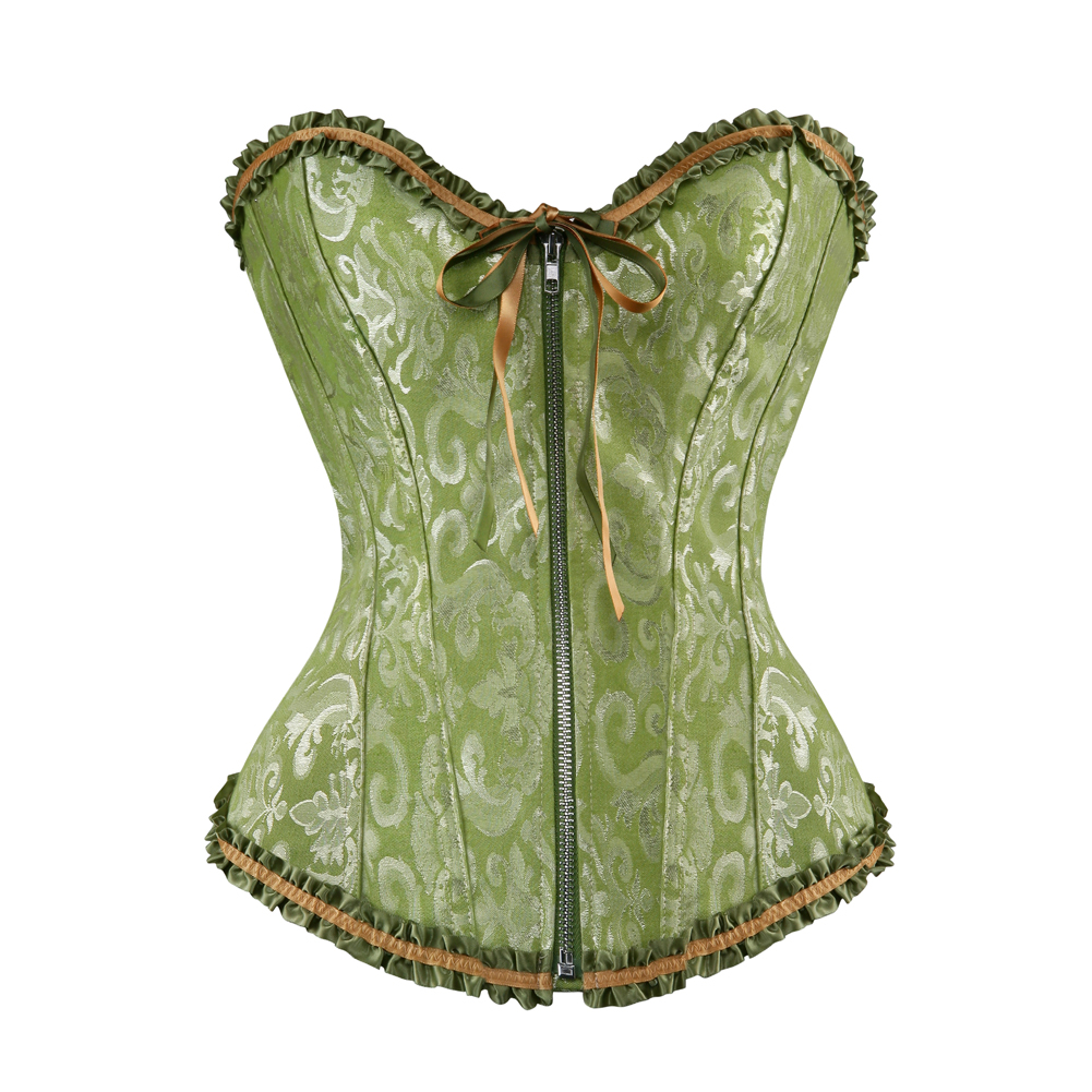 Green-Corsets Burlesque Masquerade Overbust Classic Corsetto Top for Women Plus Size Zip Boned Bustier Halloween Evening Party Costume