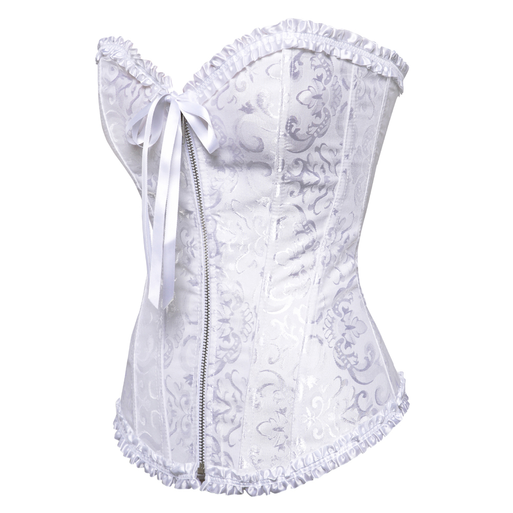 White-Corsets Burlesque Masquerade Overbust Classic Corsetto Top for Women Plus Size Zip Boned Bustier Halloween Evening Party Costume