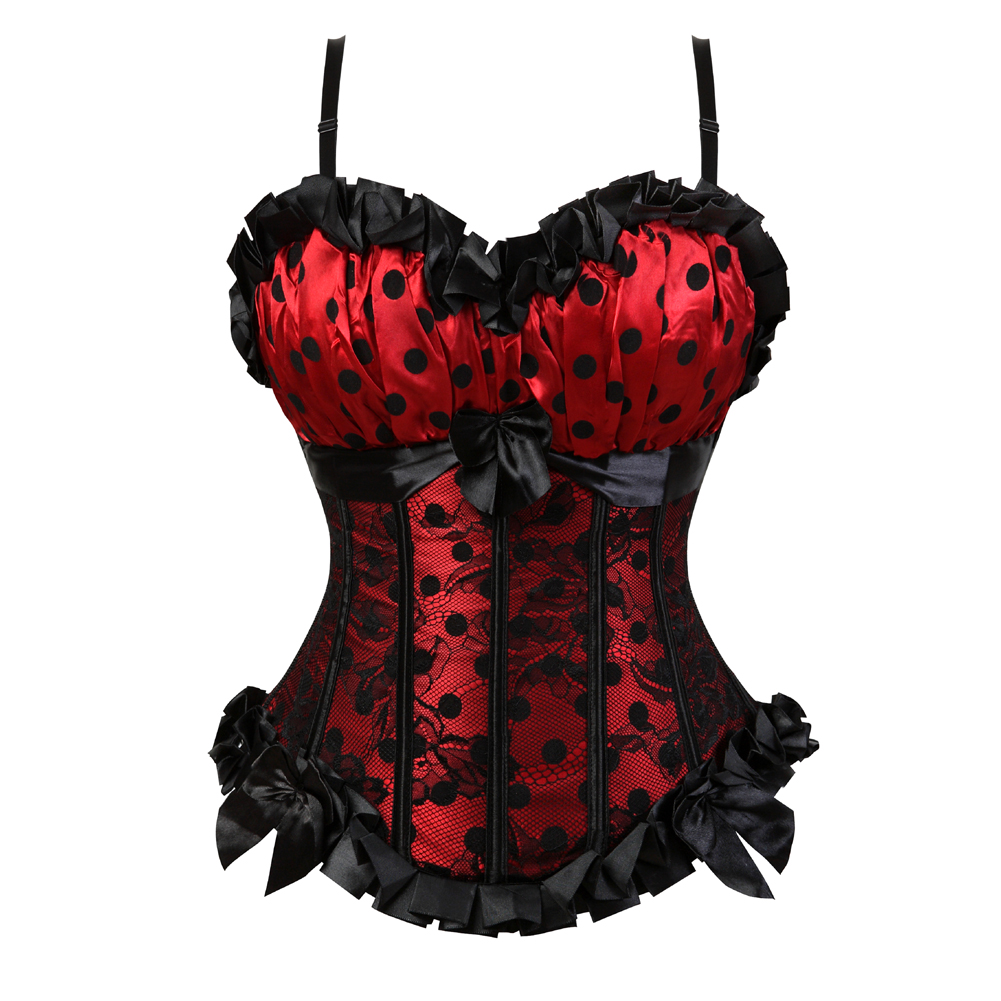 Red-Bustier Corset Femme Top To Wear Out Vintage Polka Dots Gorset Strap Padded Cup Plus Size Corsetto Carnival Party Clubwear