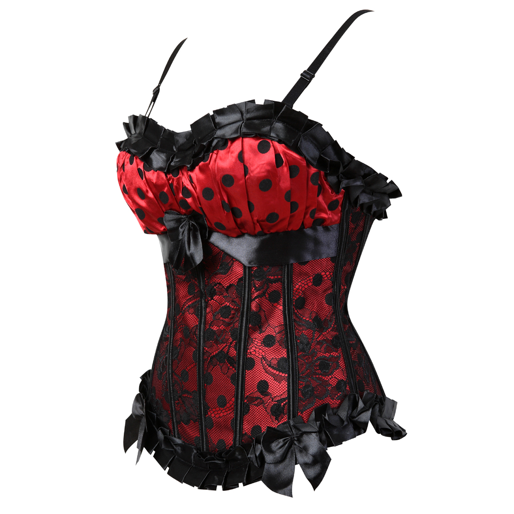 Red-Bustier Corset Femme Top To Wear Out Vintage Polka Dots Gorset Strap Padded Cup Plus Size Corsetto Carnival Party Clubwear