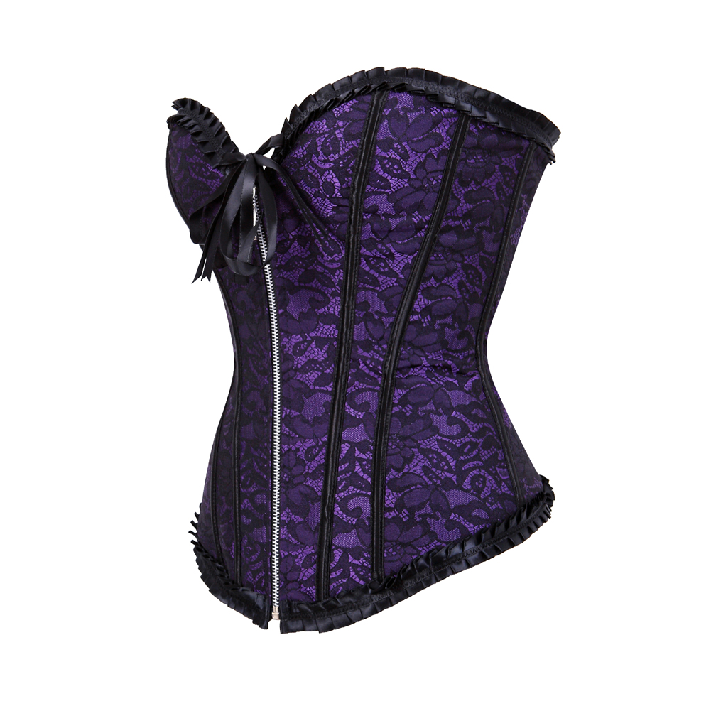 Purple-Corsets and Bustiers Women Sexy Burlesque Floral Pleated Trim Corselet Plus Size Zip Boned Vintage Carnival Party Clubwear