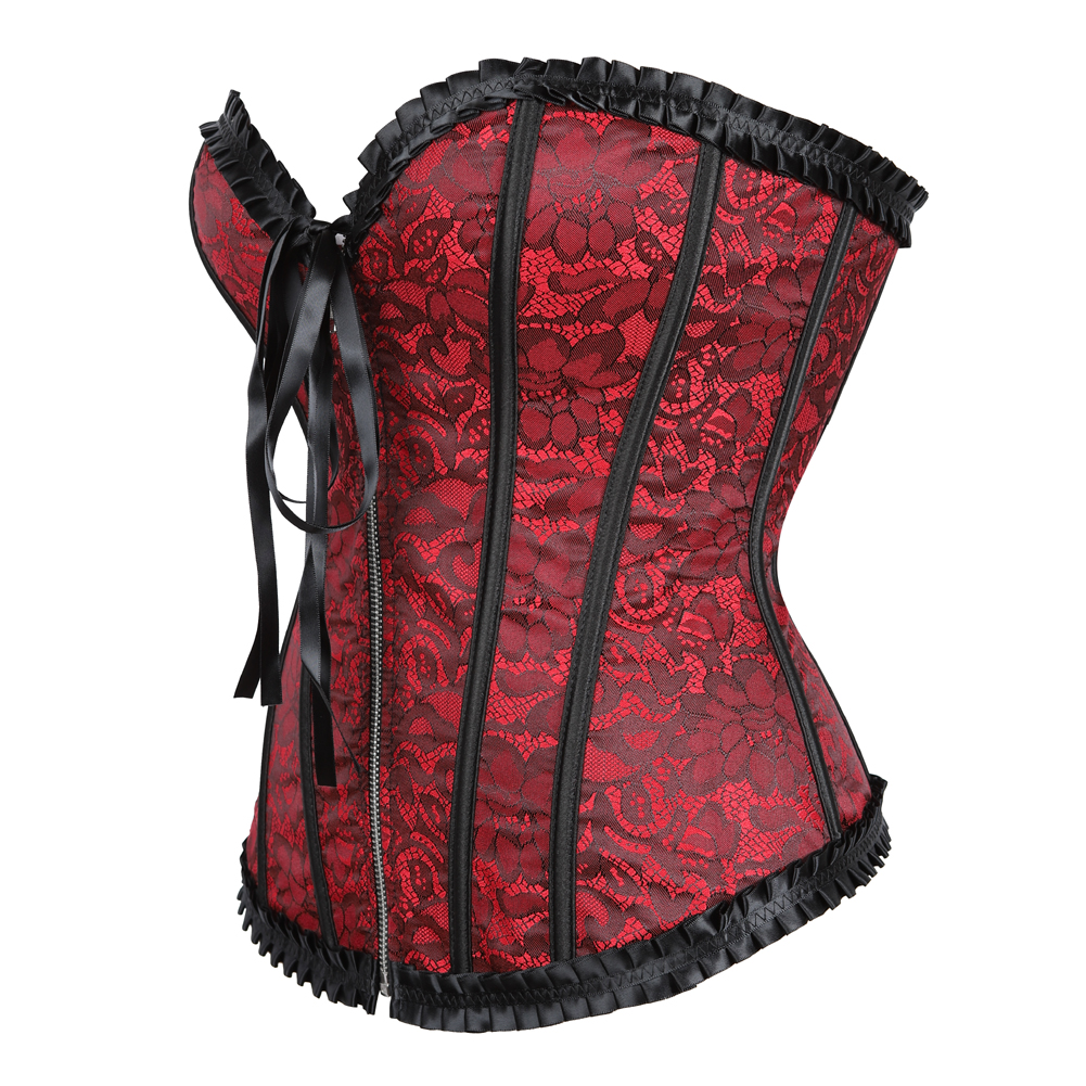 Red-Corsets and Bustiers Women Sexy Burlesque Floral Pleated Trim Corselet Plus Size Zip Boned Vintage Carnival Party Clubwear