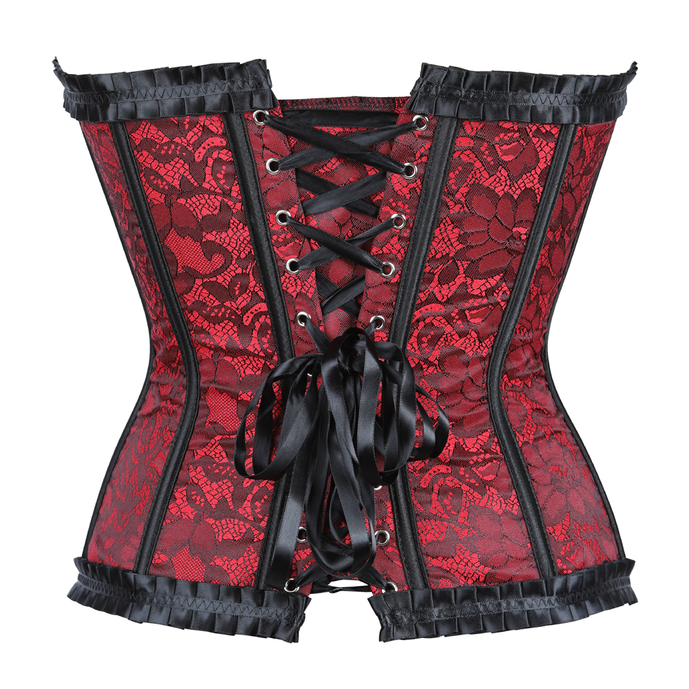 Red-Corsets and Bustiers Women Sexy Burlesque Floral Pleated Trim Corselet Plus Size Zip Boned Vintage Carnival Party Clubwear