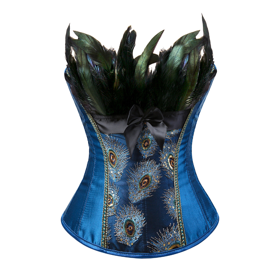Blue-Corsets Steampunk Feather Peacock Glitter Pirate Showgirl Bustier Basque Carnival Costume for Women Party Club Night Femme