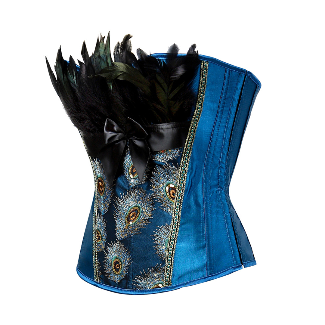 Blue-Corsets Steampunk Feather Peacock Glitter Pirate Showgirl Bustier Basque Carnival Costume for Women Party Club Night Femme