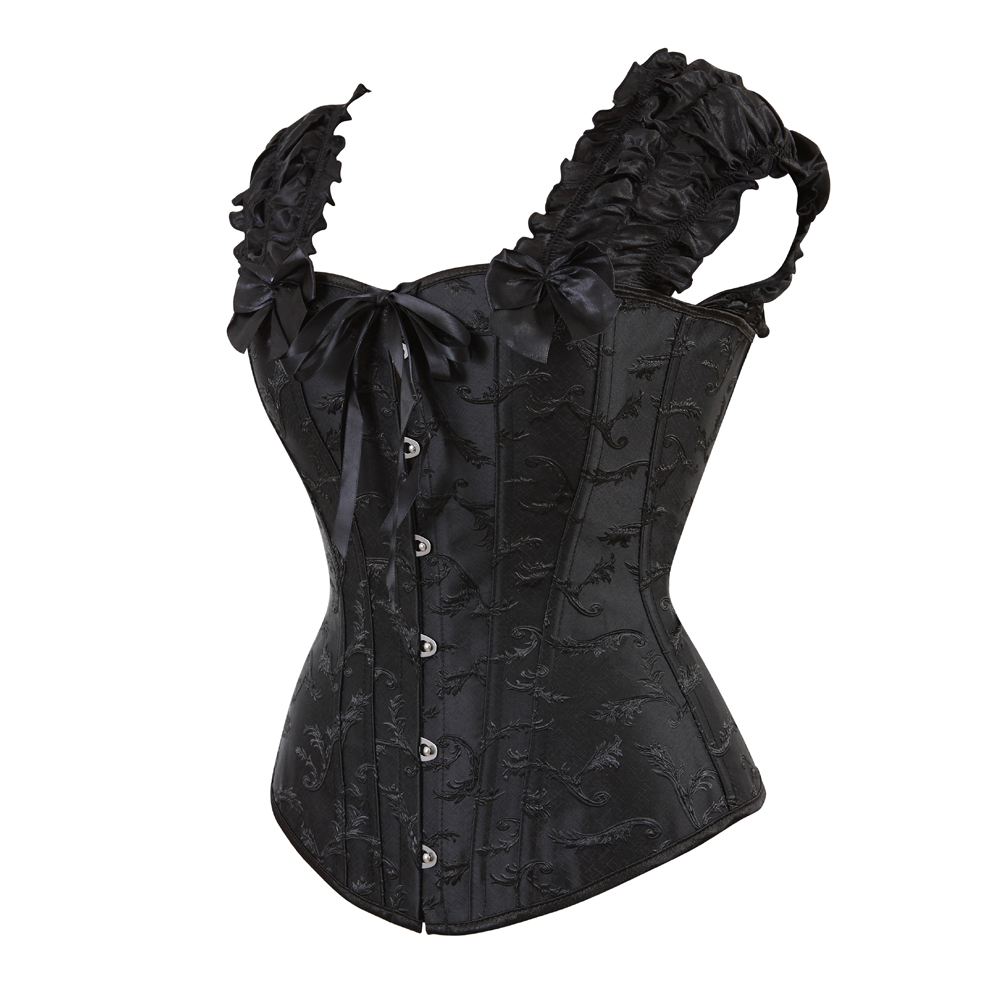 Black-Bustier Corset Steampunk Gothic Steel Boned Ruched Sleeves Corselet Embroidery Wedding Carnival Party Clubwear Fashion Outwear