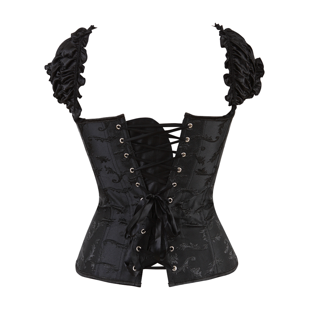 Black-Bustier Corset Steampunk Gothic Steel Boned Ruched Sleeves Corselet Embroidery Wedding Carnival Party Clubwear Fashion Outwear